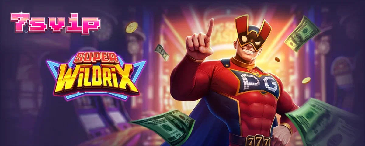 Tampilan visual slot Super Wildrix dengan tema pahlawan super dan lampu neon.